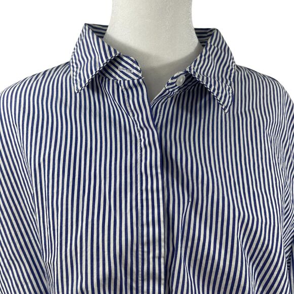 Seersucker Cropped Shirt Sz XL Blue Striped Summer Beach Front Twist Office - Picture 2 of 9